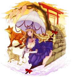  :3 akai_kagerou animal arched_back bad_anatomy bad_id bad_pixiv_id blonde_hair blush bow breasts brown_eyes chen chen_(cat) cherry_blossoms choker cleavage cloud collarbone cross-eyed dress elbow_gloves feline female fox frilled_dress frills gap_(touhou) gloves grass hair_ribbon hairbow hat hat_ribbon highres lace large_breasts leaning_forward light_smile lips living_hair long_hair looking_at_viewer mixed_media multiple_tails no_bra open_mouth parasol parted_bangs perspective photoshop_(medium) pinky_out pleated_dress puffy_short_sleeves puffy_sleeves purple_dress purple_eyes red_eyes ribbon shadow short_sleeves sidelocks sky solo stairs stone striped tail thighs torii touhou tree umbrella white_gloves yakumo_ran yakumo_ran_(fox) yakumo_yukari 