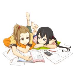  2girls bad_id bad_pixiv_id barefoot black_eyes black_hair bonjin brown_eyes brown_hair casual cellphone chest_on_pillow iphone k-on! long_hair lying magazine_(object) multiple_girls nakano_azusa notebook on_stomach pen phone pillow side_ponytail simple_background smartphone tainaka_ritsu twintails 