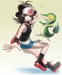  bad_id bad_pixiv_id blue_eyes brown_hair female foreshortening hands hat hilda_(pokemon) photoshop_(medium) pokemon pokemon_(creature) pokemon_bw shijima_(tanfn) short_shorts shorts snivy 