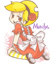  apron bad_id bad_pixiv_id blonde_hair bow character_name female flower from_above hair_flower hair_ornament hairband heart looking_back mandy_(grim_adventures) open_mouth photoshop_(medium) red_eyes sitting socks solo striped_clothes striped_socks the_grim_adventures_of_billy_&amp;_mandy tsukapanda wariza 