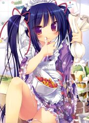  :q absurdres apron bad_id bad_yandere_id bare_legs blue_hair blush bowl cherry cream dengeki_moeou female floral_print food frills fruit hair_ribbon highres ice_cream lolita_fashion long_hair maid_headdress obi original panties pantyshot red_eyes ribbon sash sazaki_ichiri sitting solo thighs tongue tongue_out twintails underwear wa_lolita white_panties 