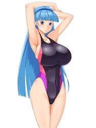  armpits arms_up blue_eyes blue_hair blue_hairband breasts collarbone commentary_request competition_swimsuit cowboy_shot female hairband highleg highleg_swimsuit hip_focus huge_breasts kawanuma_uotsuri long_hair magic_knight_rayearth navel one-piece_swimsuit ryuuzaki_umi simple_background skindentation solo stretching swimsuit thigh_gap white_background 