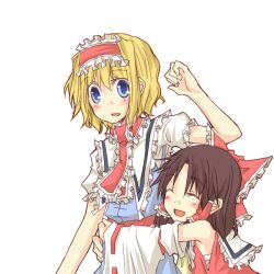  2girls alice_margatroid blonde_hair blue_eyes blush bow brown_hair closed_eyes commentary_request detached_sleeves hair_ribbon hair_tubes hairband hairbow hakurei_reimu hug multiple_girls natsuk ribbon sarashi short_hair smile touhou 