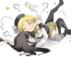  2girls akemi_homura akemi_homura_(magical_girl) beret black_hair blonde_hair boots catfight cheek_pinching commentary_request drill_hair duel fighting grabbing_another&#039;s_hair hair_ornament hairband hat long_hair magical_girl mahou_shoujo_madoka_magica mahou_shoujo_madoka_magica_(anime) multiple_girls name_john pantyhose pinching pleated_skirt skirt thighhighs tomoe_mami tomoe_mami_(magical_girl) 