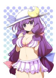  adapted_costume bikini bikini_skirt bow breasts cleavage commentary_request crescent female groin hairbow hat highres large_breasts long_hair navel patchouli_knowledge purple_hair shirogane_(platinum) simple_background solo striped_bikini striped_clothes swimsuit thigh_gap touhou twirling_hair very_long_hair 