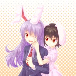  2girls animal_ears blazer blush_stickers brown_hair cheek_pinching commentary_request inaba_tewi jacket long_hair multiple_girls necktie open_mouth pinching purple_hair rabbit_ears red_eyes red_necktie reisen_udongein_inaba shimada_(simada_bu) short_hair touhou wince 