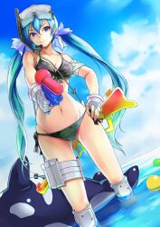  aiming aqua_eyes aqua_hair ass_visible_through_thighs beach bikini breasts camouflage camouflage_bikini cleavage cloud day diving_mask dolphin dutch_angle female goggles groin hatsune_miku long_hair medium_breasts mirai_denki narrow_waist outdoors side-tie_bikini_bottom sky smile solo swimsuit twintails very_long_hair vocaloid wading water_gun 