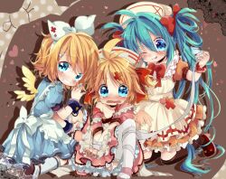  1boy 2girls :q apron aqua_eyes aqua_hair bad_id bad_pixiv_id bandages blonde_hair crossdressing dress fangs hair_ornament hair_ribbon hairclip hat hatsune_miku kagamine_len kagamine_rin kneeling multiple_girls off_shoulder one_eye_closed otoko_no_ko ribbon thighhighs tongue tongue_out touyama_soboro vocaloid wings 