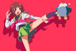  bad_id bad_pixiv_id brown_eyes brown_hair commentary_request female highres inaba_taiju kicking mawaru_penguindrum oginome_ringo photoshop_(medium) red_background school_uniform serafuku skirt solo 