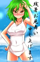  :&lt; blush borrowed_design breasts commentary_request day female green_hair kazami_yuuka medium_breasts ocean one-piece_swimsuit red_eyes roki_(hirokix) school_swimsuit short_hair solo swimsuit touhou touhou_tag_dream translation_request tsurime water white_one-piece_swimsuit zanshomimai 