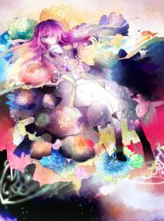  bad_id bad_pixiv_id black_dress blue_eyes blue_flower dress female flower gradient_hair green_flower hair_spread_out hijiri_byakuren kazu_(muchuukai) long_hair multicolored_clothes multicolored_dress multicolored_hair peony_(flower) pink_flower solo touhou white_dress yellow_flower 