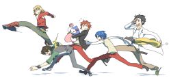  5boys animal_hat barnaby_brooks_jr. belt black_hair blank_eyes blonde_hair blue_hair boots bow brown_hair commentary_request facial_hair glasses hat jacket kaburagi_t._kotetsu kicking knitting lab_coat male_focus mawaru_penguindrum multiple_boys okabe_rintarou penguin_3-gou red_jacket running school_uniform season_connection slippers steins;gate stubble studded_belt takakura_kanba takakura_shouma tiger_&amp;_bunny vest waistcoat ziro_(daydozen) 