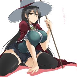  arm_support black_hair black_thighhighs bow breasts breasts_squeezed_together brown_eyes cape female frills hat kagari_ayaka large_breasts long_hair momio school_uniform shadow simple_background sitting skirt solo staff thick_thighs thighhighs thighs very_long_hair witch_craft_works witch_hat zettai_ryouiki 