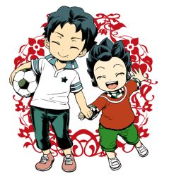  2boys aged_down ball blue_hair brothers closed_eyes commentary_request inazuma_eleven_(series) inazuma_eleven_go jjjjjj male_focus mole mole_under_mouth multiple_boys open_mouth shoes siblings smile sneakers soccer_ball telstar tsurugi_kyousuke tsurugi_yuuichi white_background 