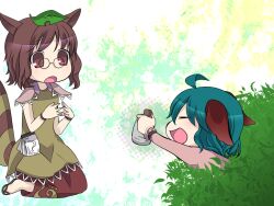  2girls ahoge animal_ears bad_id bad_pixiv_id bottle brown_hair futatsuiwa_mamizou glasses green_hair kasodani_kyouko leaf leaf_on_head miyu_(lacrima) multiple_girls notepad pince-nez raccoon_ears raccoon_tail tail touhou yellow_eyes 