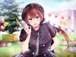  alternate_costume alternate_hairstyle balloon breasts brown_hair commentary_request female green_eyes hat idolmaster idolmaster_dearly_stars long_hair medium_breasts necktie nogoodlife ponytail sakurai_yumeko solo upper_body 