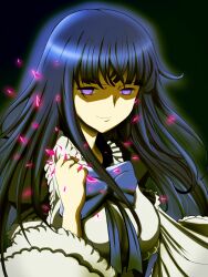  aitaso bad_id bad_pixiv_id blue_hair bow breasts dress female frederica_bernkastel glowing glowing_eyes grin long_hair medium_breasts purple_eyes smile solo umineko_no_naku_koro_ni 