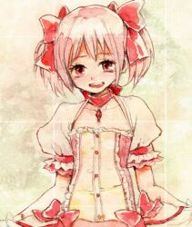  choker commentary_request female kaname_madoka kaname_madoka_(magical_girl) kuma_(crimsonvanilla) lowres magical_girl mahou_shoujo_madoka_magica mahou_shoujo_madoka_magica_(anime) open_mouth painting_(medium) pink_eyes pink_hair red_eyes short_hair solo traditional_media twintails watercolor_(medium) 