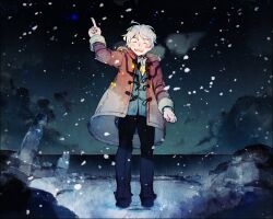  1boy 21grams bad_id bad_pixiv_id breath closed_eyes coat facial_mark landscape male_focus night night_sky no.6 open_mouth photoshop_(medium) pointing shion_(no.6) sky snow snowing solo white_hair 