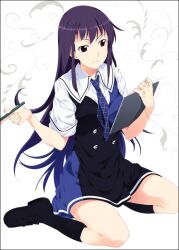  black_socks border female grisaia_(series) grisaia_no_kajitsu loafers long_hair long_legs mizuki_makoto necktie notebook photoshop_(medium) purple_eyes purple_hair sakaki_yumiko school_uniform shoes sitting socks solo wariza 