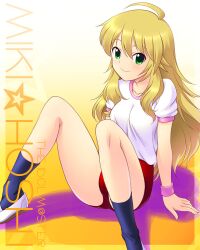  ahoge blonde_hair buruma commentary_request female green_eyes gym_uniform hoshii_miki idolmaster idolmaster_(classic) long_hair photoshop_(medium) red_buruma solo tanuki_yousuke very_long_hair 