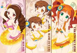  4girls asymmetrical_hair bikini brown_eyes brown_hair comiccho commentary_request drill_hair frilled_bikini frills futami_ami futami_mami green_eyes highres idolmaster idolmaster_(classic) long_hair minase_iori multiple_girls photoshop_(medium) short_hair side_ponytail swimsuit takatsuki_yayoi twin_drills twintails zoom_layer 