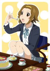  brown_eyes brown_hair cake chair commentary_request cup eating female food hairband k-on! knees_up sakuragaoka_high_school_uniform school_uniform seven_(11) short_hair sitting solo tainaka_ritsu teacup 