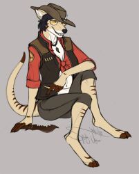  clothing dasyuromorph extinct eyewear female glasses hat headgear headwear knife mammal marsupial recently_extinct_species reclining sniper_(team_fortress_2) solo spottyjaguar team_fortress_2 thylacine valve 