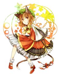  adapted_costume animal_ears brown_eyes brown_hair cat_ears cat_tail chen commentary_request earrings female frills hat jewelry mary_janes multiple_tails ribbon sachikan shoes socks solo tail tail_ornament tail_ribbon touhou white_socks 