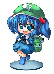  backpack bad_id bad_pixiv_id bag blue_eyes blue_hair blush chibi faux_figurine female hair_bobbles hair_ornament hat kawashiro_nitori open_mouth shinjitsu shirt skirt skirt_set smile solo touhou two_side_up walking 