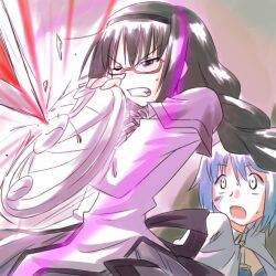  2girls akemi_homura akemi_homura_(magical_girl) black_hair blocking blue_hair braid cape clenched_teeth commentary_request glasses hairband magical_girl mahou_shoujo_madoka_magica mahou_shoujo_madoka_magica_(anime) miki_sayaka miki_sayaka_(magical_girl) multiple_girls one_eye_closed polearm protecting red-framed_eyewear shield short_hair spear spoilers supon teeth twin_braids weapon white_cape 