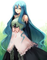  blue_hair bow commentary_request detached_sleeves dress female hand_on_own_chest highres lips long_hair mellow_(noora_to_toki_no_koubou) noora_to_toki_no_koubou sasaki_ryou solo very_long_hair 