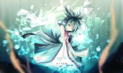  arufa_(hourai-sugar) blue_background blue_eyes blurry commentary_request depth_of_field dress earmuffs female glowing photoshop_(medium) sleeveless sleeveless_dress smile solo touhou toyosatomimi_no_miko 