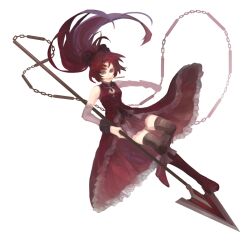  ann606 boots commentary female food long_hair magical_girl mahou_shoujo_madoka_magica mahou_shoujo_madoka_magica_(anime) pocky polearm ponytail red_hair sakura_kyoko sakura_kyoko_(magical_girl) smile solo spear thighhighs weapon 