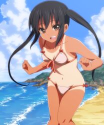  bare_shoulders beach bikini black_hair bow brown_eyes cloud collarbone commentary_request day female front-tie_top highres k-on! laco_soregashi long_hair nakano_azusa navel ocean one-piece_tan open_mouth outdoors photoshop_(medium) ribbon round_teeth solo swimsuit tan tanlines teeth twintails white_bikini 