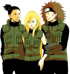  akimichi_chouji black_hair blonde_hair blue_eyes brown_hair closed_eyes earrings facial_mark fishnets flak_jacket forehead_protector ino_yamanaka jewelry kaku_(sumi90) long_hair nara_shikamaru naruto ponytail smile sumi90 vest 