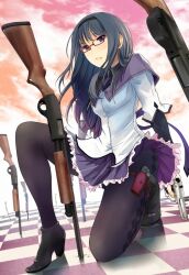  akemi_homura akemi_homura_(magical_girl) argyle_clothes argyle_legwear beretta_92 black_hair black_pantyhose checkered_floor clothes_lift commentary_request female full_body glasses gun hairband handgun high_heels holster left-handed long_hair magical_girl mahou_shoujo_madoka_magica mahou_shoujo_madoka_magica_(anime) multiple_weapons munakata_(hisahige) on_one_knee pantyhose parted_lips planted planted_gun pleated_skirt purple_eyes red-framed_eyewear ribbon shotgun skirt skirt_lift solo thigh_holster weapon 