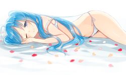  bare_shoulders bikini blue_eyes blue_hair blurry blush commentary_request depth_of_field female hatsune_miku kurasawa_moko long_hair looking_at_viewer lying one_eye_closed partial_commentary petals photoshop_(medium) side-tie_bikini_bottom smile solo swimsuit tears very_long_hair vocaloid 