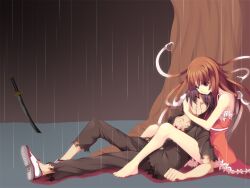  1boy araragi_koyomi bad_id bad_pixiv_id bakemonogatari barefoot blood feet female hug koflif legs living_hair long_legs monogatari_(series) photoshop_(medium) rain sengoku_nadeko snake_hair spoilers sword weapon 