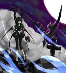  bad_id bad_pixiv_id black_hair black_rock_shooter bow chains checkered_floor collar collarbone cross dead_master female green_eyes high_heels highres horns moon scythe shoes skirt skull solo tuzki wings 