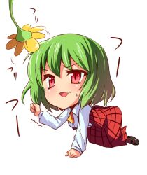  ascot bad_id bad_pixiv_id chibi dress_shirt female flower full_body green_hair kazami_yuuka km_yama plaid plaid_skirt plaid_vest red_eyes shirt shoes short_hair simple_background skirt skirt_set slit_pupils solo sunflower touhou vest 