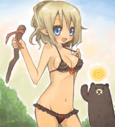  bad_id bad_pixiv_id bear bikini blonde_hair blue_eyes female mabinogi miyamae_porin oerba_yun_fang original player_character_(mabinogi) pointy_ears short_hair solo_focus stick sun swimsuit 