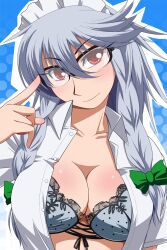  adjusting_eyewear bad_id bad_pixiv_id bespectacled bow bra braid breasts commentary_request dress_shirt female glasses hairbow hayashi_custom izayoi_sakuya lace lace-trimmed_bra lace_trim large_breasts lingerie maid_headdress open_clothes open_shirt photoshop_(medium) shirt solo touhou twin_braids underwear upper_body 