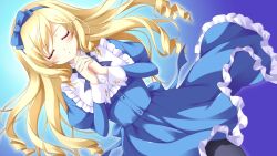  black_pantyhose blonde_hair bow closed_eyes cross curly_hair dress dutch_angle female frills game_cg hair_ribbon hairband highres hyper_highspeed_genius long_hair own_hands_clasped own_hands_together pantyhose praying ribbon sakura_windsor solo yukiwo 