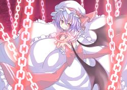  blue_hair chains cicin commentary_request female glowing hat miserable_fate red_eyes remilia_scarlet solo touhou wings 