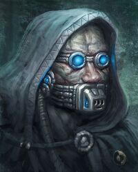  1boy bad_id bad_pixiv_id codec glowing glowing_eyes goggles hood male_focus photoshop_(medium) robe solo techpriest warhammer_40k 