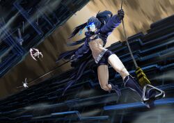  2girls abs belt bikini bikini_top_only black_hair black_rock_shooter black_rock_shooter_(character) black_shorts blue_eyes boots chains coat commentary_request flaming_eye long_hair multiple_girls muscular mutsugi no_shirt scythe shorts swimsuit sword twintails weapon white_rock_shooter 