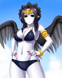  :&lt; armlet armpits bare_shoulders bikini black_bikini black_hair black_wings blue_sky bracelet closed_mouth colored_sclera colored_skin commentary_request contrapposto cowboy_shot day duel_monster fabled_grimro female fingernails groin hair_ornament hands_on_own_hips headpiece jewelry long_fingernails looking_at_viewer multicolored_eyes nail_polish necklace o-ring o-ring_bottom o-ring_top pataneet pointy_ears red_nails red_sclera ring sky solo standing swimsuit white_skin wings yu-gi-oh! yu-gi-oh!_duel_monsters 