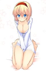  alice_margatroid barefoot between_legs between_thighs blonde_hair blue_eyes blush bottomless breasts breasts_squeezed_together cleavage commentary_request covering_crotch covering_privates dress_shirt female frown hairband hand_between_legs medium_breasts naked_shirt no_bra photoshop_(medium) shirt short_hair sitting solo star_(symbol) touhou uro_(urotanc) v_arms wariza 