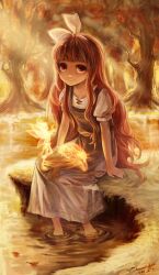  apron brown_theme copyright_request dated dress fairy female hairband long_hair photoshop_(medium) red_eyes red_hair ribbon signature silverwing sitting sleeping smile soaking_feet solo sunset tree water 